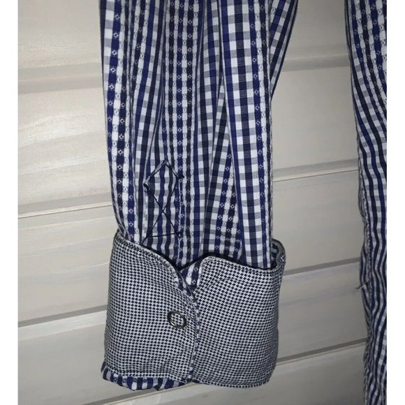 BLUE by Pronto Uomo Sz XXL Blue White Check Snap Front Shirt L/S Flip Cuffs EUC - Picture 6 of 9